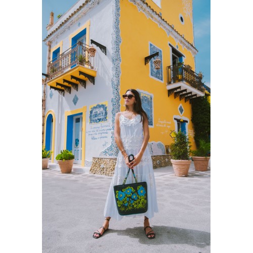 Borsa blu con papaveri